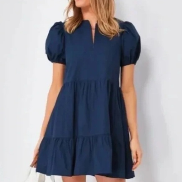 Elegant Navy Puff Sleeve Mini Dress - Picture 1 of 7